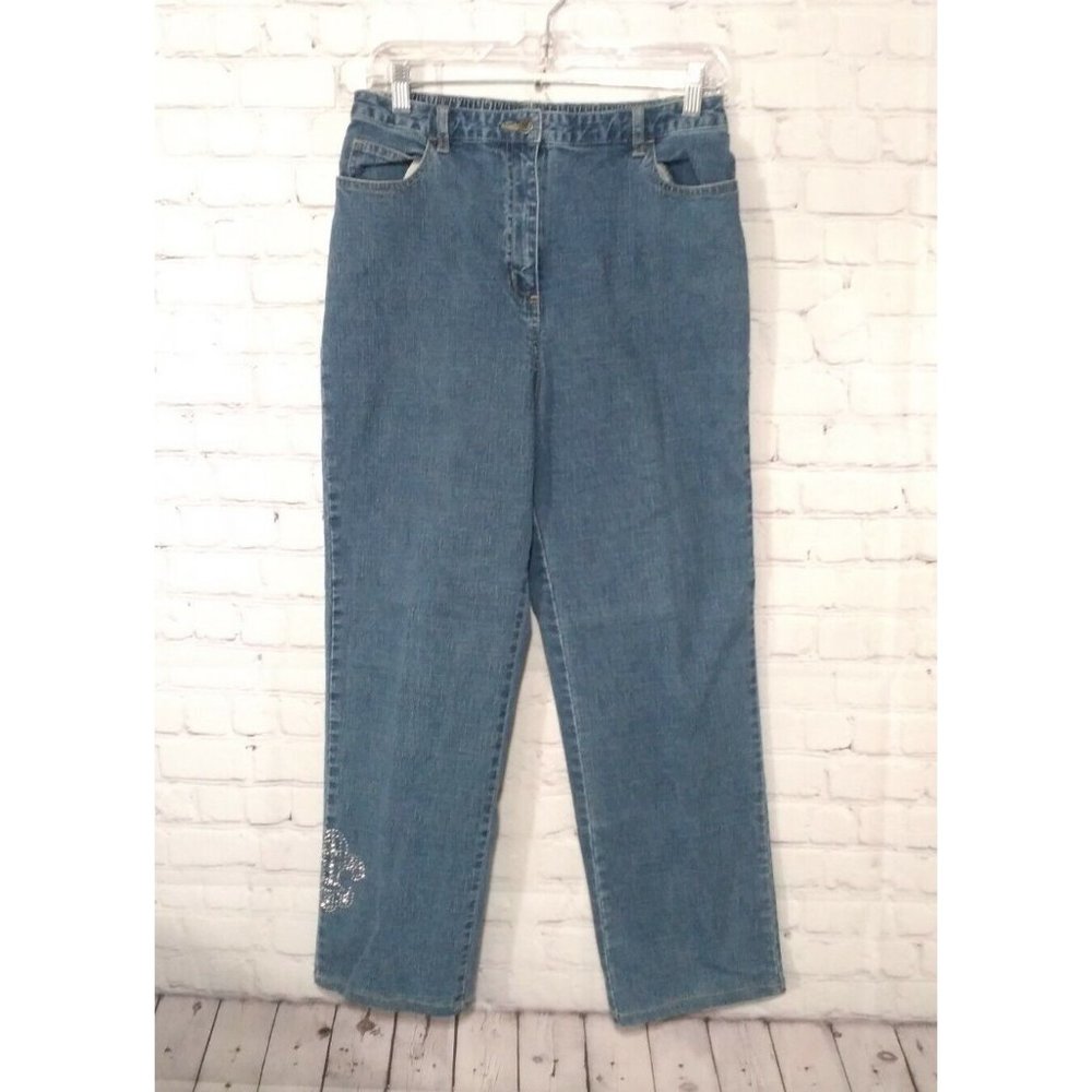 Quacker Factory Women's Jeans Sz M  5-Pocket Embellished Blue Rhinestones